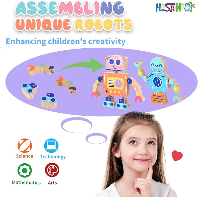 Wooden Snap Together Building Toys, STEM Blocks Toys, 28 Pcs Robot Take Apart Toys Playset, Montessori Educational Fine Motor Skill Toy, Gift for 3 4 5 6 7 8 Years Old Kids