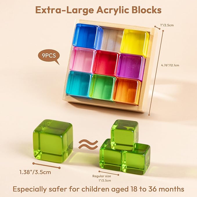 Woodtoe Large Building Blocks for Toddlers, 18 Month Old Toys, Montessori Toys for 1.5 2 3 4 Year Old Boys Girls, Big Rainbow Acrylic Blocks Set, Educational Toys STEM Sensory Gifts for Kids Age 2-4