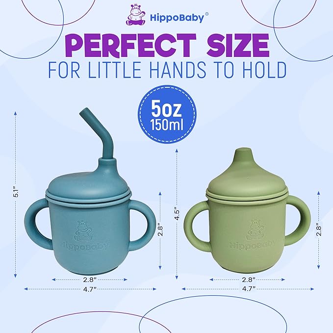 Silicone Transition Sippy Cup for 6+ month old | Includes 1 Toddler straw cup & 1 Baby Sippy Cup with Handles 5 oz | Perfect for Baby Led Weaning (Sky/Mint, 5 oz)