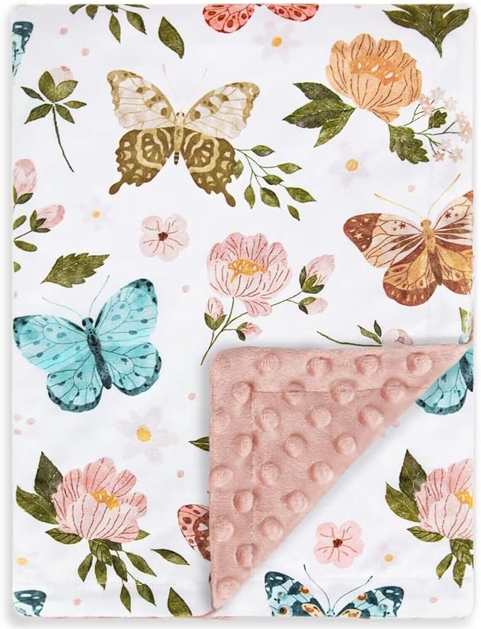 HOMRITAR Floral Baby Blanket for Girls Soft Comfy Minky Toddler Blanket with Double Layer Dotted Backing, Beauty Butterfly Printed Bed Blankets for Nursery Crib Decor 30 x 40 Inch (75 x 100 cm)