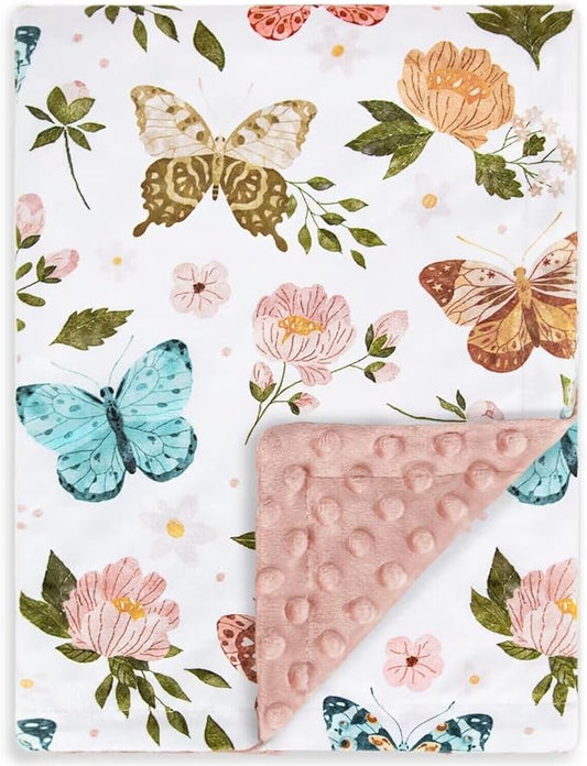 HOMRITAR Floral Baby Blanket for Girls Soft Comfy Minky Toddler Blanket with Double Layer Dotted Backing, Beauty Butterfly Printed Bed Blankets for Nursery Crib Decor 30 x 40 Inch (75 x 100 cm)