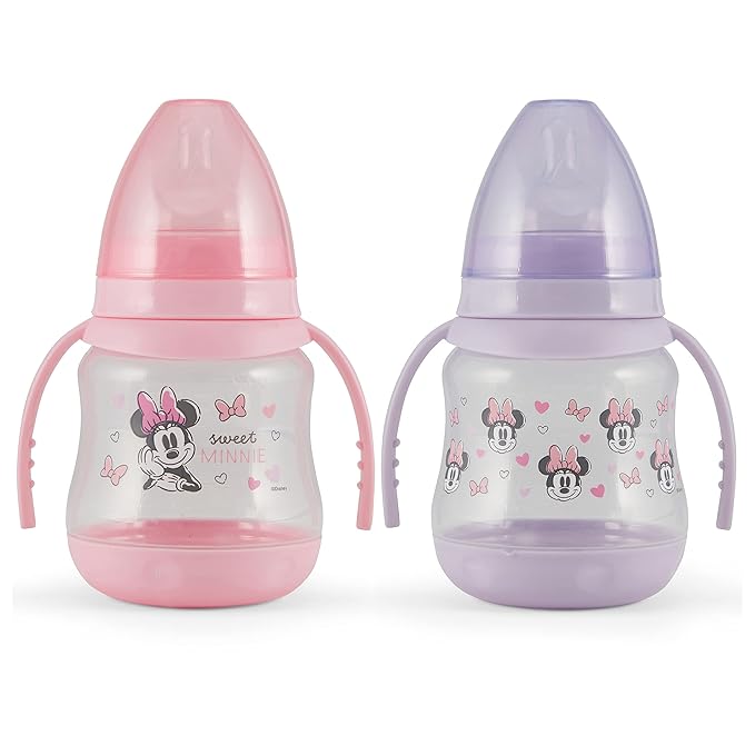 Disney 2 Pack 7 Ounce Baby Bottles with Character Prints and Colored Covers with Double Handle - BPA Free and Easy to Clean