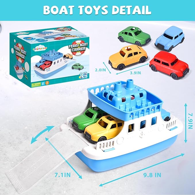 Toy Boat Bath Toys for Toddlers with 4 Mini Car Toys, Kids Water Toys Ferry Boat for Bathtub Bathroom Pool Beach Toys, Birthday Gifts