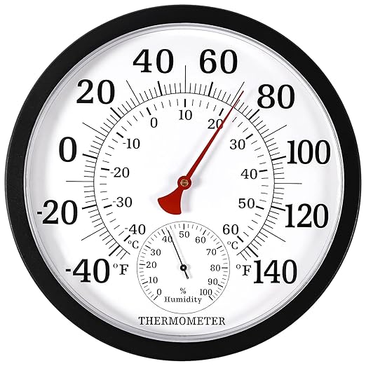 10.5 Inch Indoor Outdoor Thermometer Large Numbers - Weather Thermometer Hygrometer Waterproof, No Battery Needed Outdoor Thermometers for Patio, Home, Garden Decoration (Black)