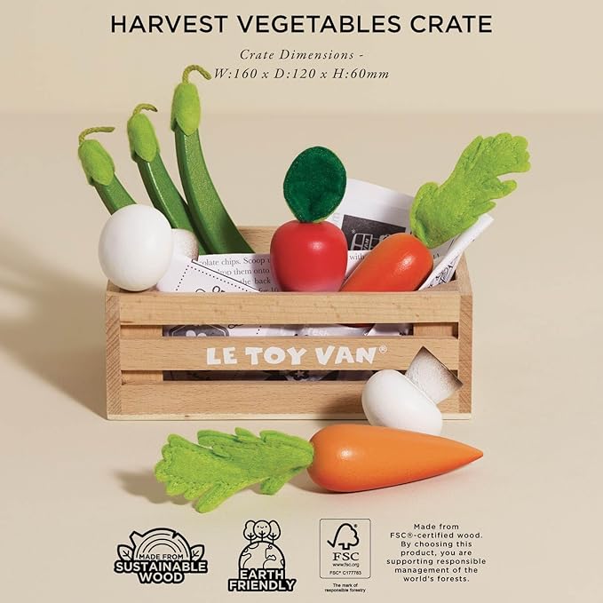 Le Toy Van - Wooden Honeybee Market Vegetables '5 a Day' Crate | Fun Role Play Supermarket Pretend Play Shop Food | Great Gift for Boys Or Girls, Harvest Vegetables Crate (TV182)