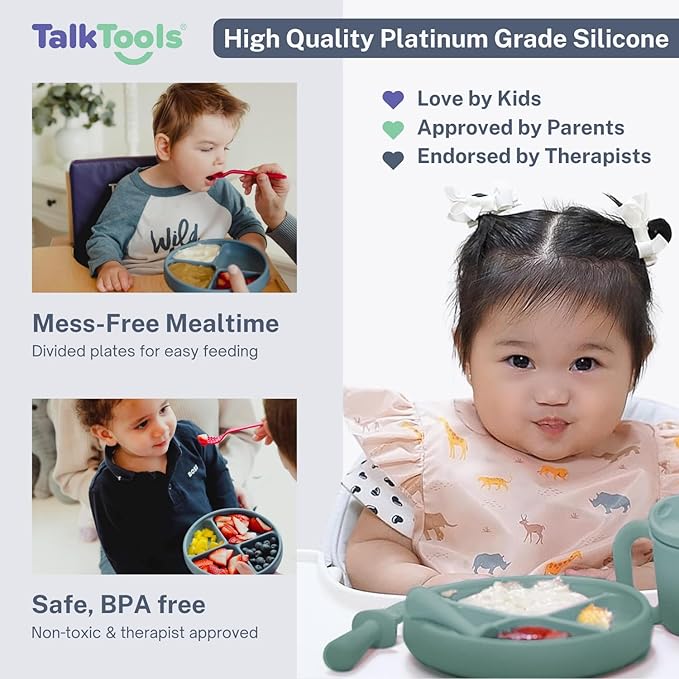 TalkTools Itsy Plate Must-Have Silicone Baby Plates with Suction | Non-Toxic Toddler Feeding Plate | Divided Portion | BPA-Free, Easy-Clean, Travel-Friendly Baby Dishware - Made in USA (Sage)