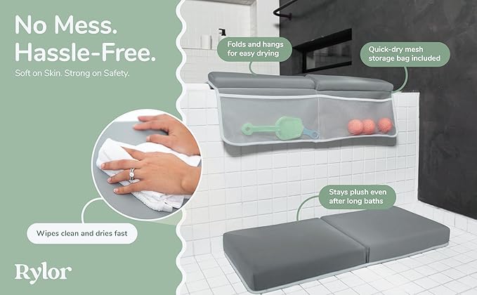 Rylor Baby Bath Kneeler & Elbow Rest Pad - Ultra Thick Foam Cushion for Bathing Infants & Toddlers - 26'' Extra Long and 2.4'' Thick- Non-Slip, Comfortable Support (Gray)