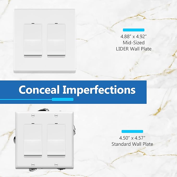 LIDER Matte Finish Double Decorator Switch Cover, Screwless Wall Plate, Mid-Size 2-Gang 4.88" x 4.92", Polycarbonate Thermoplastic, UL Listed, LSWP-32M-W, White