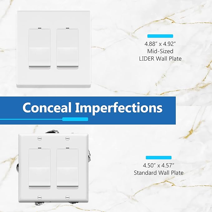 LIDER Matte Finish Double Decorator Switch Cover, Screwless Wall Plate, Mid-Size 2-Gang 4.88" x 4.92", Unbreakable Polycarbonate Thermoplastic, UL Listed, LSWP-32M-W2P, White, 2 Pack