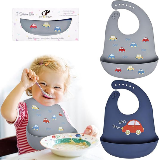 2 Pack Silicone Baby Bibs Adjustable Fit Waterproof Bib With Leak Proof Food Pouch Catcher for Eating Boys Girls