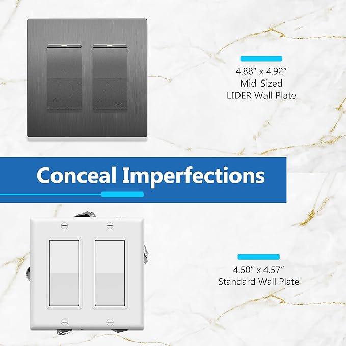 LIDER Brushed Finish Decorator Switch Cover, Screwless Wall Plate, Mid-Size 2-Gang 4.88" x 4.92", Unbreakable Polycarbonate Thermoplastic, UL Listed, LSWP-32M-BSG, Brushed Space Gray