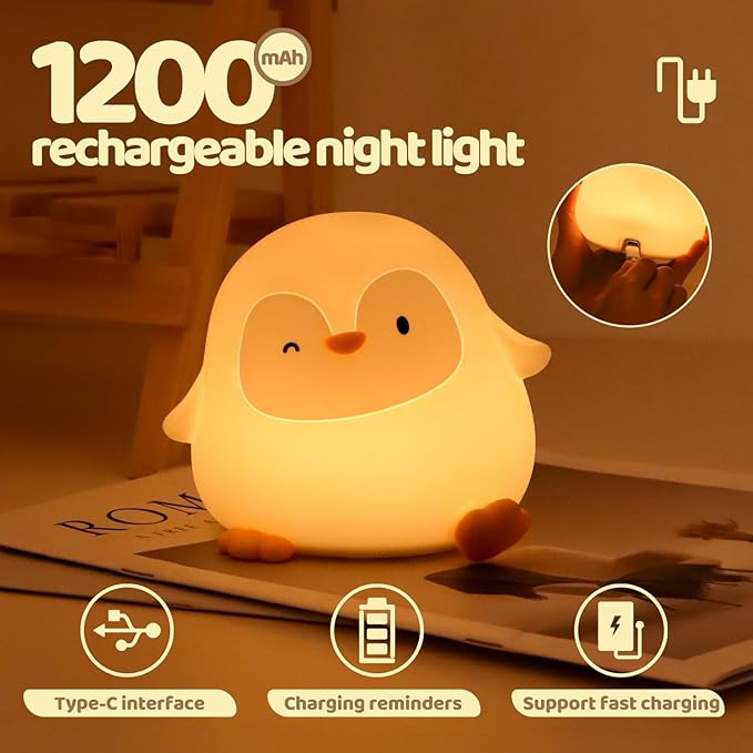 Penguin Silicone Night Light for Kids - Squishy LED Lamp with Soft Touch, USB Rechargeable & Long Battery - Cute Winter Animal Decor for Nursery & Gifts
