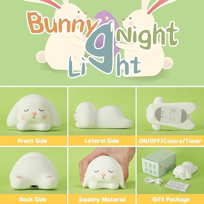 LOVERUIS Night Lights Squishy Light Bunny Colorful Night Light for Kids 1/3 Hours Timer Dimmable Rabbit Gift Kid Dog Cute Decor