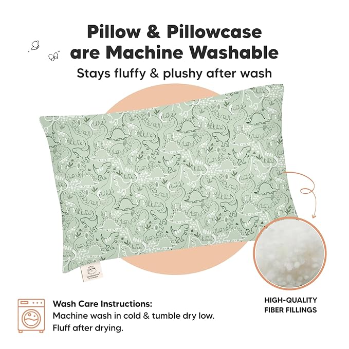 Toddler Pillow with Pillowcase - 13x18 My Little Dreamy Kids Travel Bed Pillows for Sleeping, Organic Cotton Small Pillowcase, Soft & Breathable, Machine Washable, Toddlers 2-5 Years Old (DinoDood)