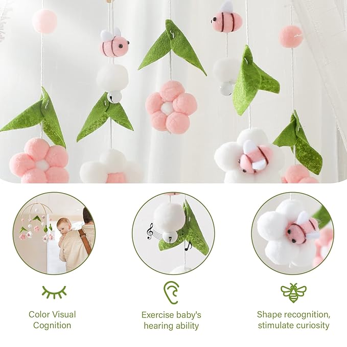 OESSUF Baby Mobile for Crib, Crib Nursery Mobile for Boys Girls, Boho Bee Flower Nursery Decor Soothe Toy Baby Shower Set for Infant Bedroom Hanging Decoration Toy, Pink