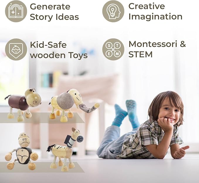 TEKOR Wooden Bendable Jungle Animal Toys (Set of 4) | Ages 3 & Up | Early Education Toy Animals for Kids | Elephant, Zebra, Hippo, Gorilla | Smooth Natural Wood | Endless Play for Girls & Boys