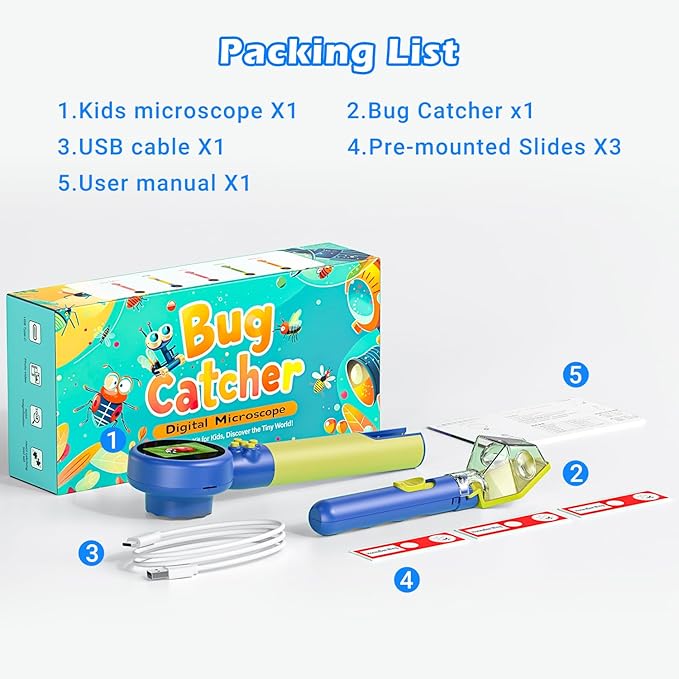 2 in 1 Kids Microscope with Bug Catcher,HD 500X Digital Microscope for Kids with 2" Screen,Photo and Video,STEM Educational Science Kit Learning Toys for Age 3-12 Girls & Boys Birthday Gifts (Blue)