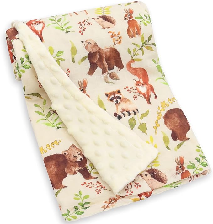 LifeTree Baby Blankets for Boys Girls, Soft Double Layer Swaddle Blankets, Muslin Front and Dotted Fleece Backing Receiving Bed Throw Blanket for Newborn Unisex, 31X40 Inches, Woodland