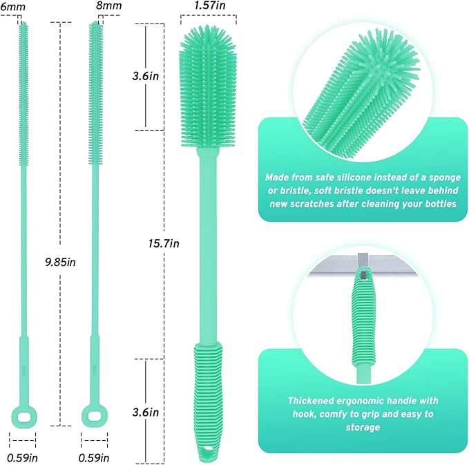 Silicone Bottle Brush with 2 Straw Cleaner Brushes,Bottle Brush Set for Cleaning Bottles,Jars,Tumblers,Thermoses,Baby Bottle,Water Bottle,Dish,Easy to Use and Dry,Heat Resistant Sturdy