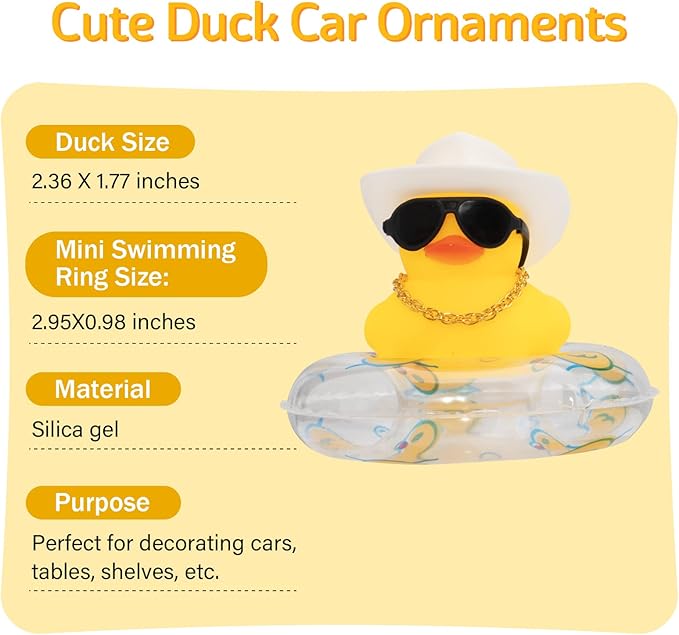 wonuu Car Rubber Duck, Yellow Duck Decoration Dashboard with Sun Hat Swim Ring Necklace Sunglasses for Car Dashboard Decorations