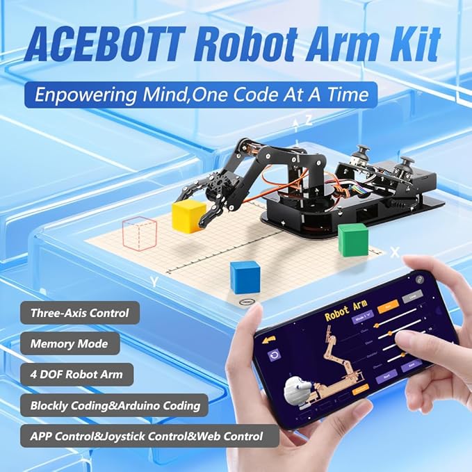 ACEBOTT 4 DOF ESP32 Robotic Arm Kit for Kids 8-12, Robotics Kit App Remote Control Robot Toys Compatible with Arduino, STEM Educational DIY Robot Arm Kit Gift for Teenagers & Adults
