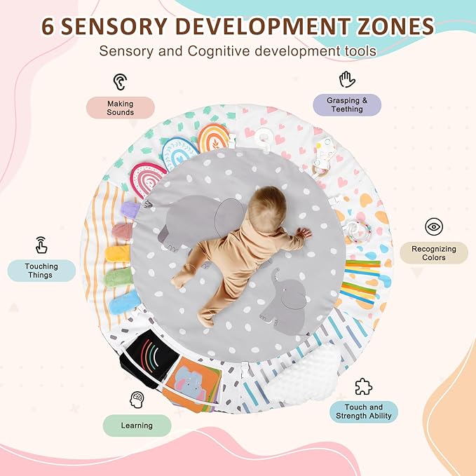 Baby Play Gym & Activity Mat, Tummy Time Mat with Tummy Time Pillow 7 Detachable Sensory Toys and Educational Cards for Motor Skills & Sensory Development, Baby Essentials Shower Gift, Grey Elephant