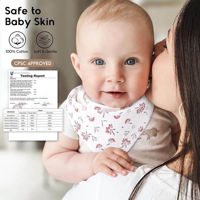 Yoofoss Muslin Baby Bibs 10 Pack 100% Organic Cotton 6-Layer Soft Absorbent Drool Bandana Baby Bibs for Drooling and Teething for Boys and Girls, Pink Flower