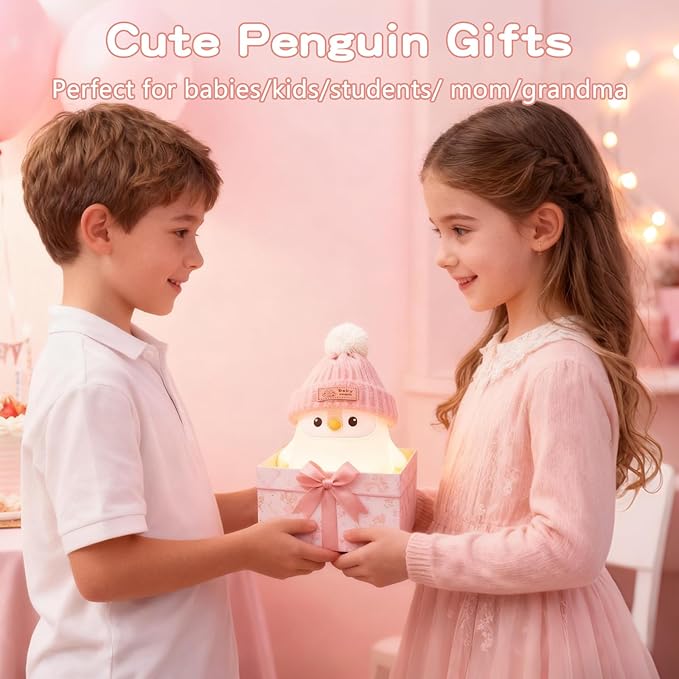 Penguin Silicone Night Light, Cute Pink Penguin Lamp with Knitted Hat, Soft Nursery Nightlight, USB Rechargeable/Dimmable,LED Squishy Novelty Animal Bedside Lamp,Funny Gifts for Kids/Girls