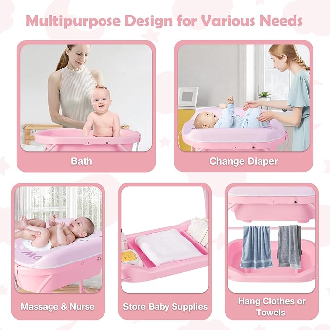 HONEY JOY Baby Changing Table with Bathtub, Foldable Infant Diaper Changing Station with Wheels, Storage Tray, Waterproof Pad, Portable Newborn Nursery Organizer Bath Stand for Boys Girls (Pink)