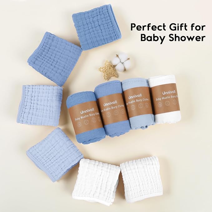 Muslin Burp Cloths for Baby 100% Cotton Burping Cloths for Boys Girls Large 20''X10'' Extra Soft and Absorbent 12 Pack - Gradient White Blue