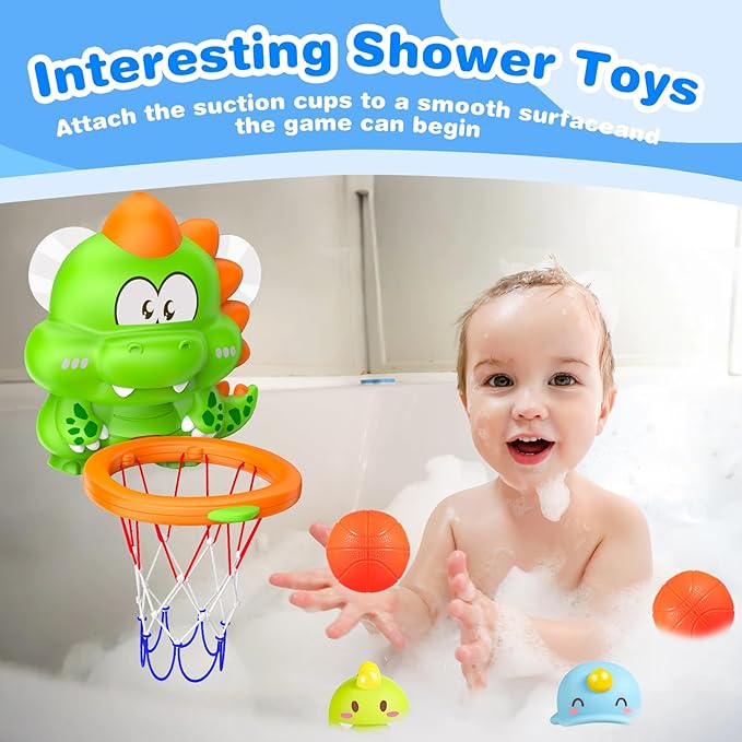 Topsolid Bathtub Basketball Hoop for Kids - Dino Style 2-in-1 Bath Toys with Strong Suction Cups & 4 No Hole Balls | Fun Shooting Game for Baby Toddler Boys & Girls Ages 1-8