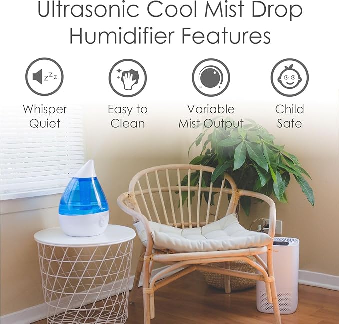 Crane Ultrasonic Cool Mist Teardrop Humidifier for Baby Nursery, Bedroom, Office, Large Room, Adjustable Humidity, Auto Shut-Off, Easy Clean Blue & White 1 Gallon