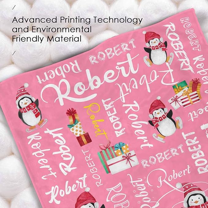 M YESCUSTOM Custom Name Blanket, Personalized Baby Throw Blanket, Pink Penguin, Christmas, Birthday for Kids & Adults