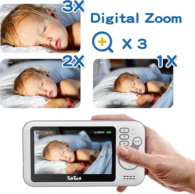 TakTark Baby Monitors with Camera and Audio, 4.3 inches, No Wi-Fi, 2 Way Audio, Night Vision, Digital Zoom, VOX Power Saving, Room Temperature, Ideal for New Parents