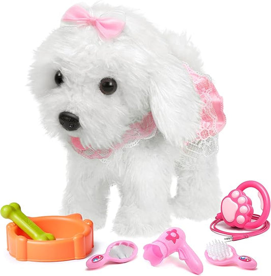 OR OR TU Walking Barking Toy Dog with Remote Control Leash, Plush Puppy Electronic Interactive Toys for Kids, Shake Tail,Pretend Dress Up Realistic Stuffed Animal Dog Age 3 4 5 6+ Years Old Best Gift
