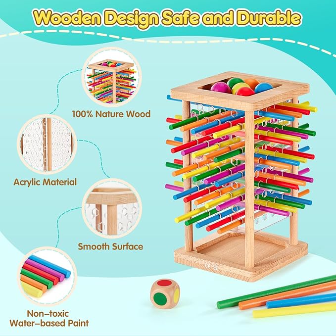 Montessori Game Wooden Board Game, 48 Colorful Sticks Dice Game for 3 4 5 6 Year Old, Montessori Toys for Kids Math Educational Toys for 3 Years Old, Fine Motor Skills Toy Family Travel Game Gifts