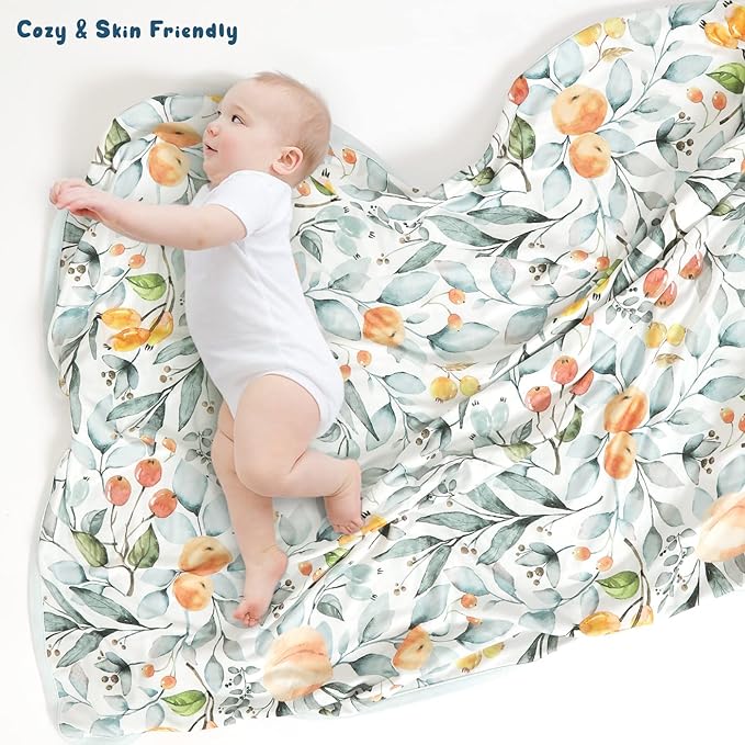 GRSSDER Baby Blankets Super Soft Stretchy Jersey Swaddle Blanket 2 Pack for Baby Girls, Double Layer Reversible Receiving Blankets 34 x 44, Extra Large for Swaddling, Pink Rose & Fruit