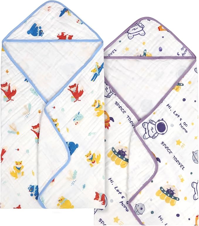 Baby Bath Towels 100% Muslin Cotton Hooded Baby Towels 2 Pack Shower Gifts for Newborn, Infant, Toddler, Kids,Super Soft and Absorbent, Large 35x35Inches