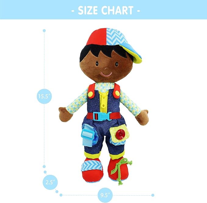 June Garden 15.5" Dressy Friends Isaiah - Educational Stuffed Plush Doll for Kids and Toddlers 2 Years and Up - Montessori Buckle Soft Toy
