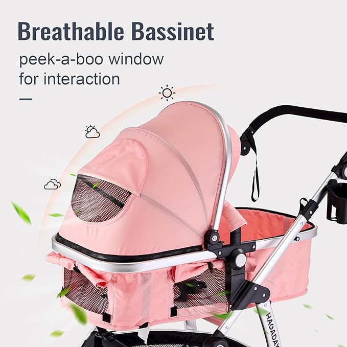Baby Stroller, 2-in-1 Reversible Toddler Seat with Bassinet Mode, Foldable Infant Stroller with Canopy, One Button Brake, Adjustable Handle, Newborn Pushchair(Pink)