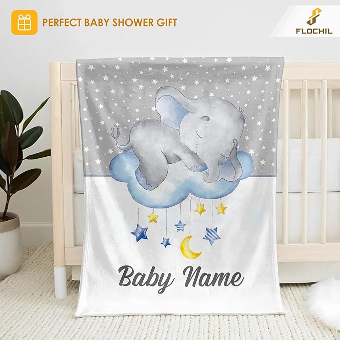 FLOCHIL Personalized Blanket for Boys – Custom Name Blanket, Newborn Elephant Fleece Gift (30x40) (Elephants 6)