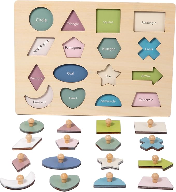 Adena Montessori Wooden Shape Peg 16 Piece Puzzle for Toddlers 2-4,Montessori Colorful Shapes Sorter Board,Geometric Color Matching Toys for Girls Boys 18-24 Months,Baby & Toddler Eearly Learning Gift