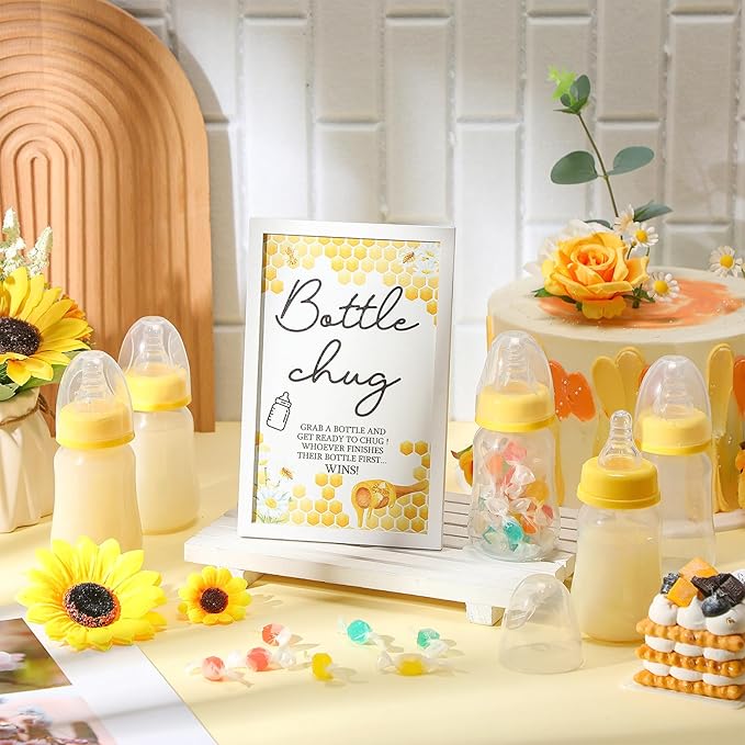 Roowest Bottle Chug Baby Shower Game Favors Including Bee Theme Wooden Sign and 18 Pcs Baby Bottles for Gender Reveal Party Supplies