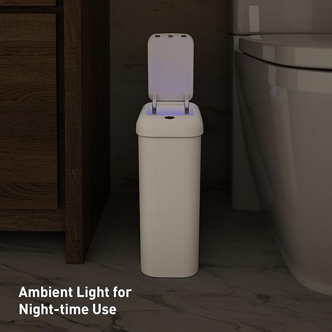 EKO Automatic Bathroom Trash Can with Lid, 2.6 Gallon Slim Touchless Garbage Can, Waterproof Motion Sensor Trash Bin for Bathroom, Office, Kitchen, White