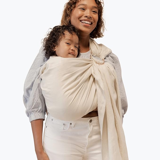 WildBird Ring Sling Baby Carrier for New Moms & Dads & Caregivers - Made from 100% Belgium Linen - for Newborns to Toddlers Up to 35 lbs - Long 90" Size (Sparrow Fabric/Bronze Ring)