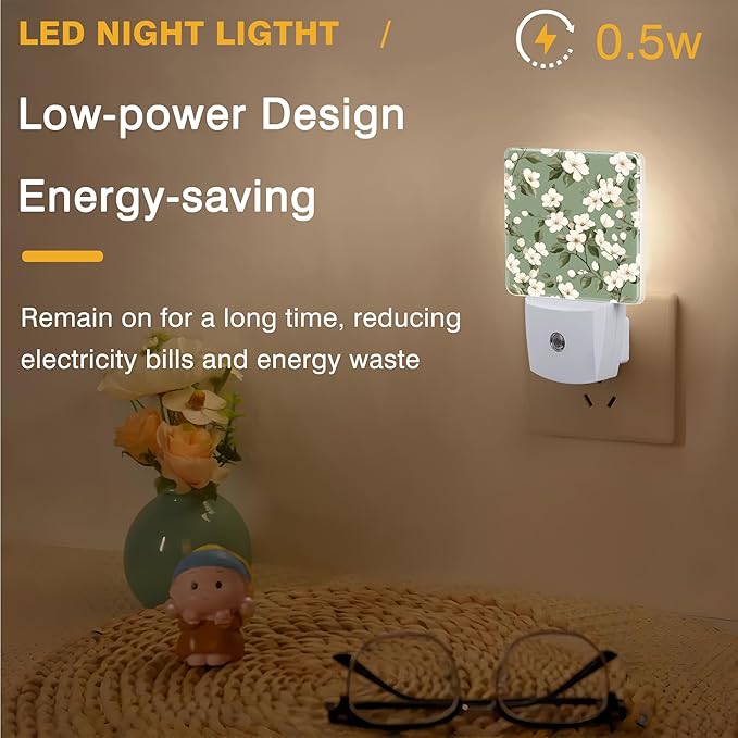 Night Light White and Green Flowers Night Lights Plug into Wall Smart Dusk to Dawn Sensor 0.5W Energy Efficient Led Lamp for Men Women Bedroom Bathroom Hallway Stairway Decor