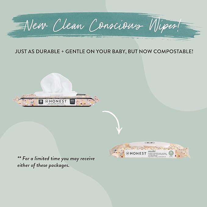 The Honest Company Clean Conscious Multi-Use Wipes Hypoallergenic and Unscented for Sensitive Baby Skin Over 99% Water Compostable Plant Based Baby Wipes Terrazzo 36 Count