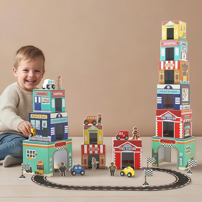 Montessori Scene with Train Tracks Set for Kids, Sorting & Stacking Blocks Toys with Wooden Cars & Community Helpers,Toddler Number Blocks Nesting Boxes, Preschool Learning Toys for Boys Girls Gift