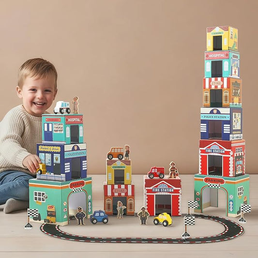 Montessori Scene with Train Tracks Set for Kids, Sorting & Stacking Blocks Toys with Wooden Cars & Community Helpers,Toddler Number Blocks Nesting Boxes, Preschool Learning Toys for Boys Girls Gift