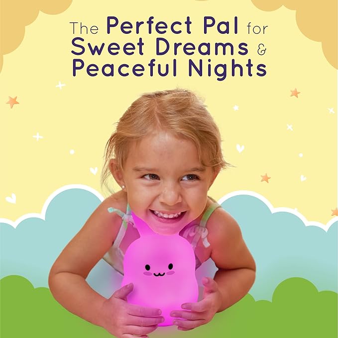 Lumipets Baxter The Bunny Squishy Night Light for Kids | Silicone Lamp with Tap & Remote Control | Rechargeable Color Changing Animal Night Light for Boys & Girls | Portable Nightlight with USB Cord